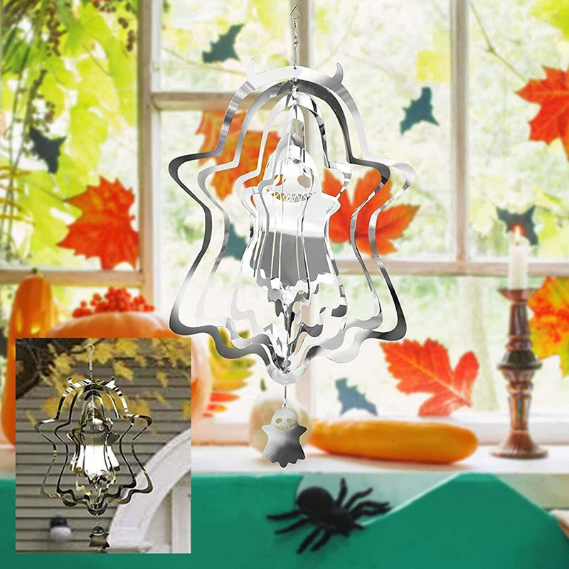 Spinner de vânt de Halloween 3D Ghost Spinner de vânt din oțel inoxidabil Decorare de Halloween în aer liber Ornament de clopoțel de vânt de grădină