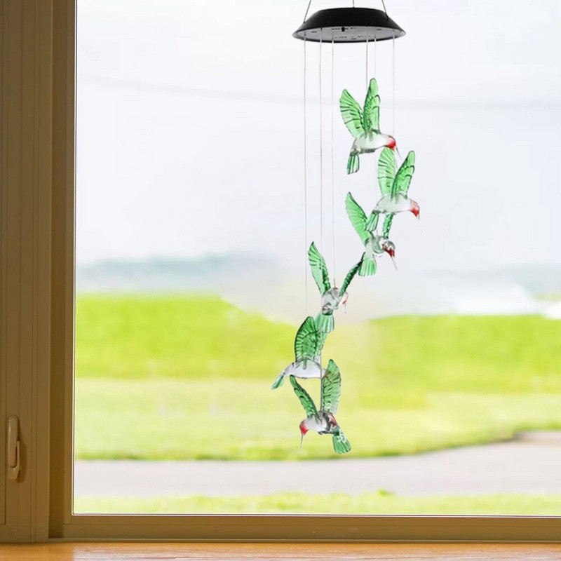 Saulės LED vėjo varpelio lemputės Kolibrio formos LED spalvotas gradientas žalias lauko sodo kiemas kabantis dekoravimo apšvietimas