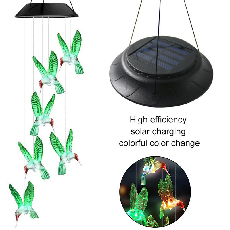 Saulės LED vėjo varpelio lemputės Kolibrio formos LED spalvotas gradientas žalias lauko sodo kiemas kabantis dekoravimo apšvietimas