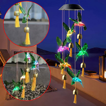 LED слънчеви вятърни камбанки, сменяема светлина, водоустойчива, цветна колибри, вятърна камбанка за дома, външна градина, декорация на двора