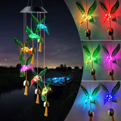 LED solárne veterné zvonkohry, vymeniteľné svetlo, vodotesné farebné kolibríky, veterná zvonkohra, lampa pre domácu vonkajšiu záhradu, dekoráciu dvora