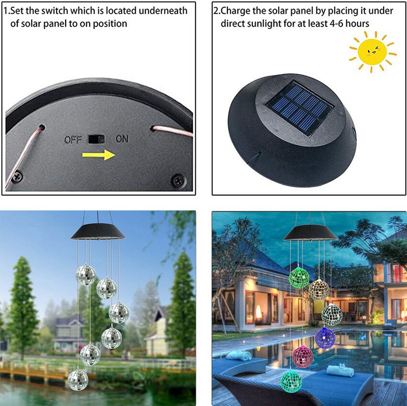 Spalvą keičianti diskoteka veidrodinė rutulinė lempa su saulės energija varomas vėjo varpelis mobilus pakabinamas šviestuvas sodo kraštovaizdžio tako festivalio dekoravimui