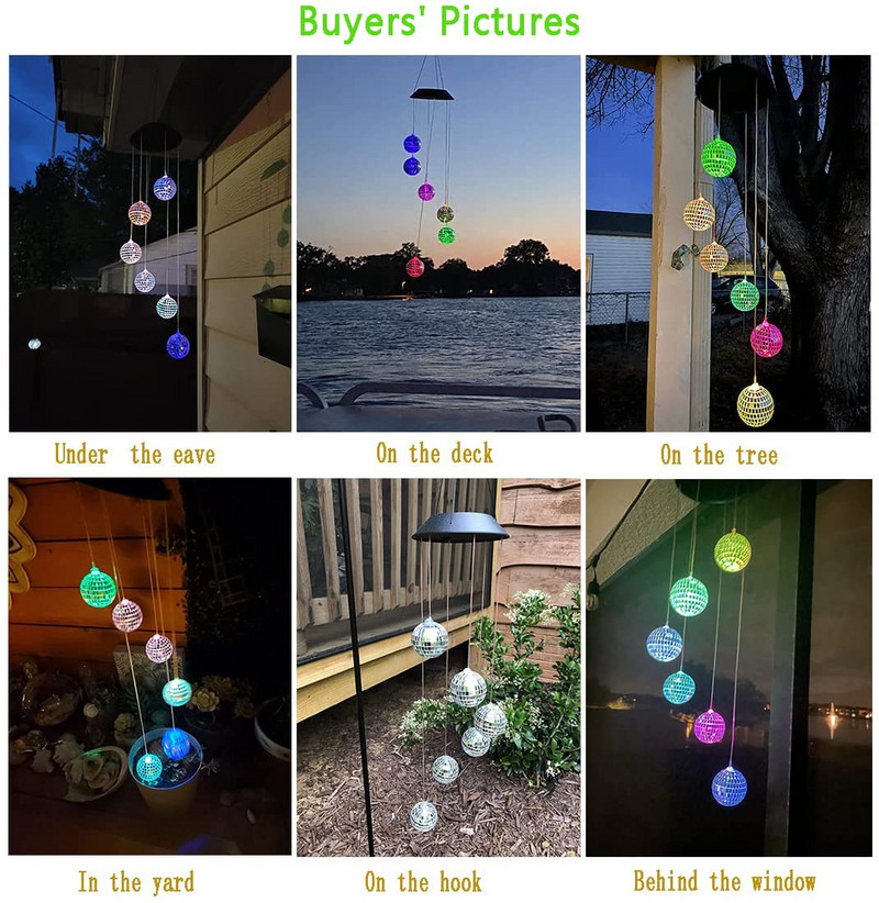 Spalvą keičianti diskoteka veidrodinė rutulinė lempa su saulės energija varomas vėjo varpelis mobilus pakabinamas šviestuvas sodo kraštovaizdžio tako festivalio dekoravimui
