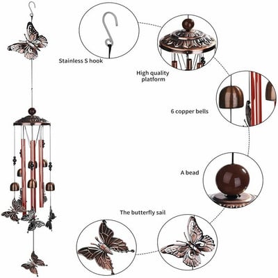 Clopoței de vânt din tub de cupru, grădină în aer liber, colibri, fluture, pastoral, stil retro, clopoței, pandantiv pentru decorarea interioară, clopoței de vânt