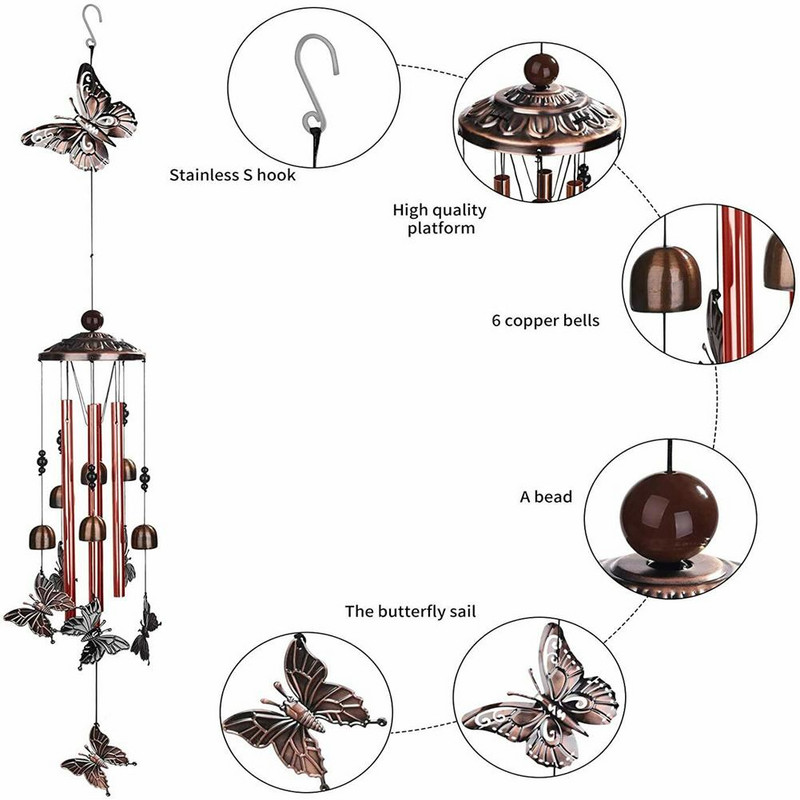 Clopoței de vânt din tub de cupru, grădină în aer liber, colibri, fluture, pastoral, stil retro, clopoței, pandantiv pentru decorarea interioară, clopoței de vânt