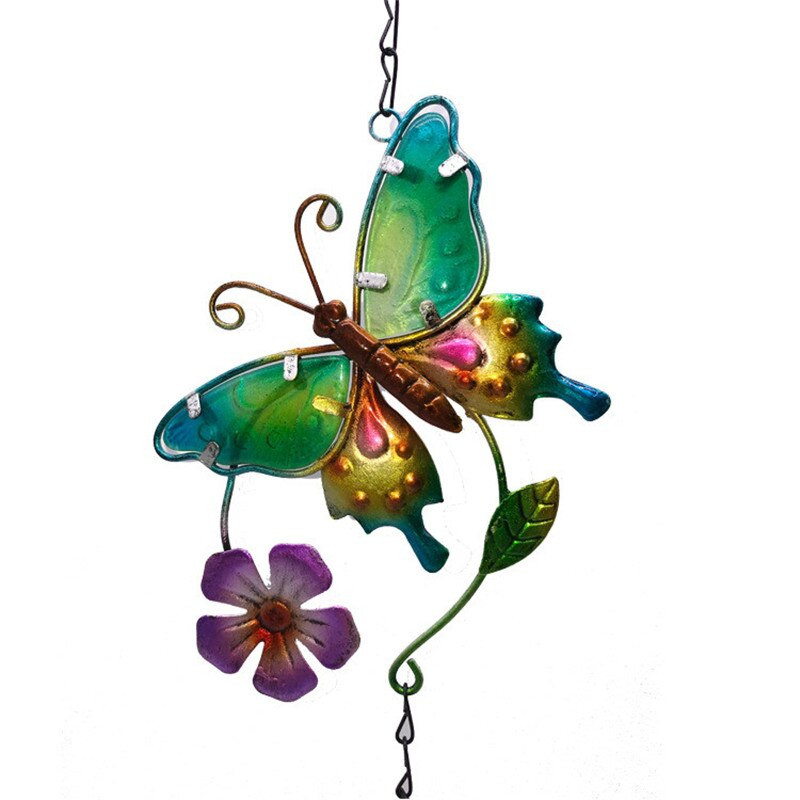 1PC Fluture Sticla Pictată Metal Clopoței Eolian Fier Violet Flori Galbene Artizanat Ornamente Creativ Grădină Pastoral 41cm Pandantive