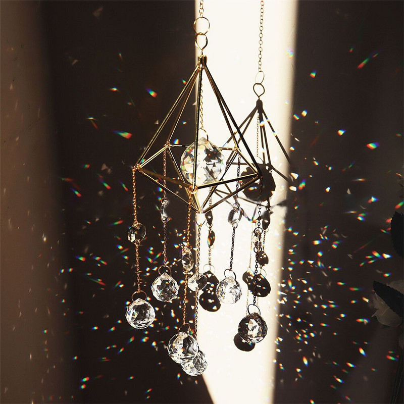 Krištoliniai vėjo varpeliai Žvaigždė mėnulio pakabukas šešiakampės prizmės Saulės šviesos gaudyklė sodo lango vestuvės kabantys namų dekoro vėjo varpeliai