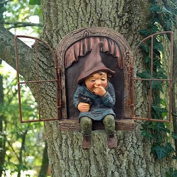Garden Peeker Yard Art Whimsical Tree Sculpture Градинска декорация Dwarf Gnome Resin Statues Дворно дърво Творчески реквизит Занаяти