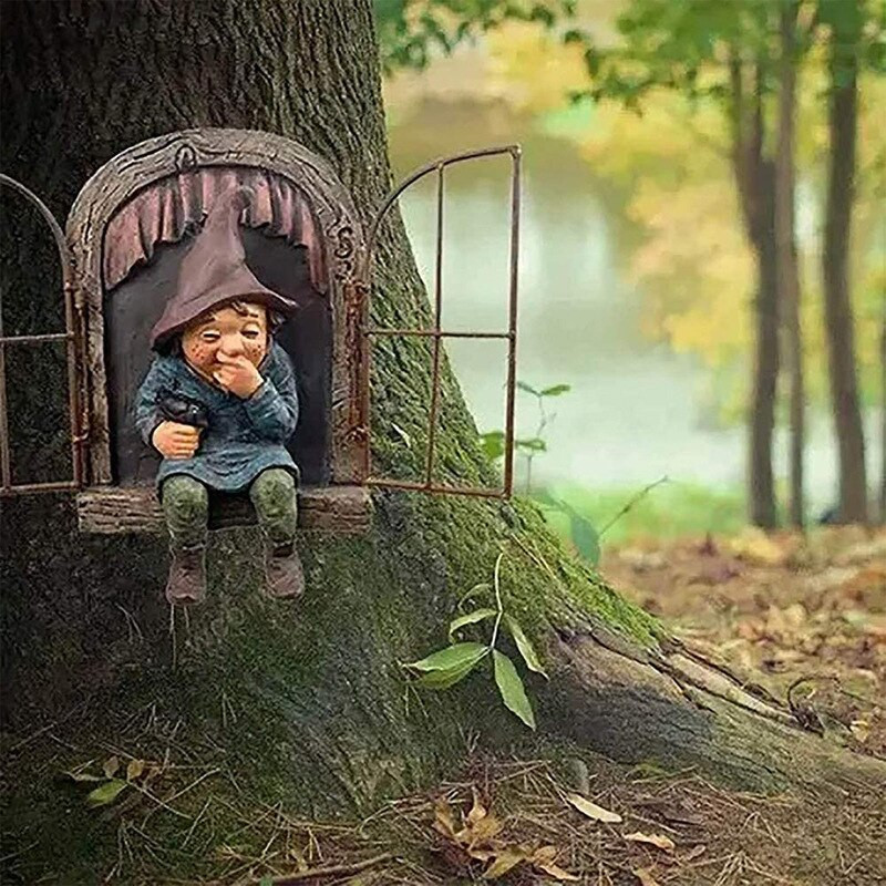 Sodas Peeker Yard Menas Įnoringas medžio skulptūra Sodo dekoravimas Nykštuko nykštuko dervos statulos Kiemo medis Kūrybiniai rekvizitai Amatai
