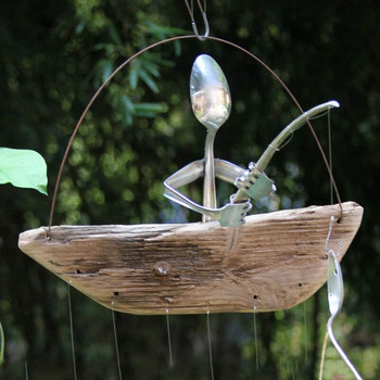 Art Angler Wind Chimes Ξύλινη Βάρκα Ψαρέμα Κουτάλι Κεφάλι Κουδούνι ένα, δύο, τρία κρεμαστός εξωτερικός κήπος Μπαλκόνι Διακόσμηση Wind Chimes