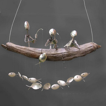 Art Angler Wind Chimes Ξύλινη Βάρκα Ψαρέμα Κουτάλι Κεφάλι Κουδούνι ένα, δύο, τρία κρεμαστός εξωτερικός κήπος Μπαλκόνι Διακόσμηση Wind Chimes