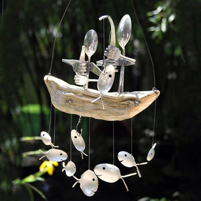 Art Angler Wind Chimes Дървена лодка Риболовна лъжица Head Камбанка One, Two, Three Висящи външни градински балконски декорации Wind Chimes