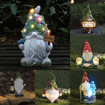 Statuie pitic de grădină în aer liber-statuie pitic din rășină care transportă minge magică Lumină LED solară Semn de bun venit Gnome curte peluză Figurină mare