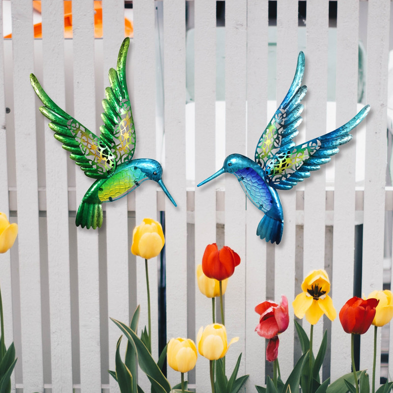 2 бр. Метални Колибри Птица Стена Изкуство на градинска екстериорна декорация Статуи на открито за домашни аксесоари Скулптури