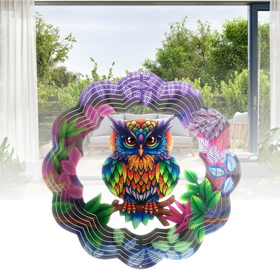 Iron Art Owl Wind Spinner с кука за външна динамична плоча, висящ орнамент за прозорец, градинска декорация, балконски декорации
