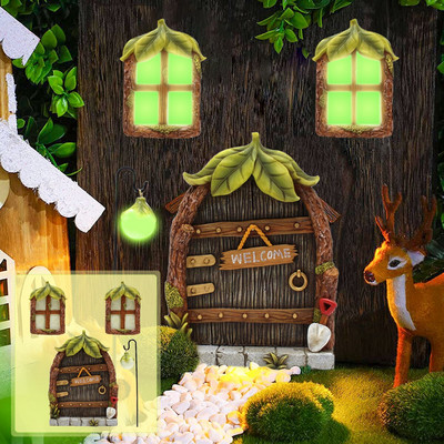 Miniatűr kerti szobor Tündér törpék otthoni ablak Ajtaja világít a sötét fában Hugger Elf Otthoni udvar Művészeti figurák kültéri dekoráció