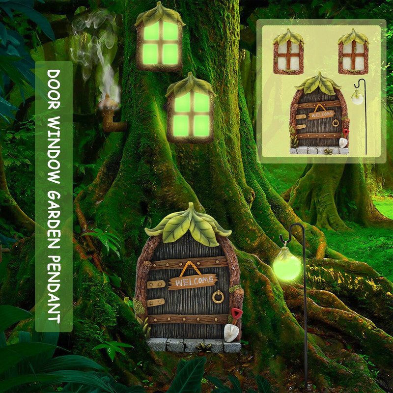 Miniatiūrinė sodo statula fėja nykštukas namų lango durys švyti tamsoje medyje Hugger elfas namų kiemo meno figūrėlės lauko dekoras