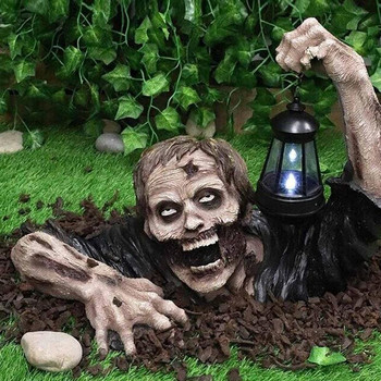 Градински декор Статуя на зомби със соларен светодиоден фенер Смола Статуя на зомби скулптура Занаяти Декорация на Хелоуин Орнаменти на ужасите на открито