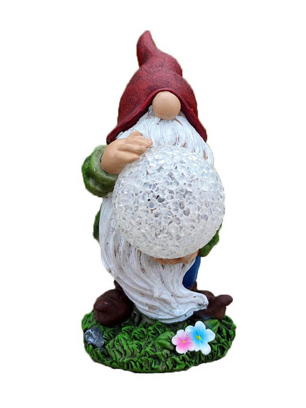 Statuie capricioasă de gnom de grădină, rășină, pitic de grădină, purtând minge magică, cu LED alimentat solar, decor în aer liber, lumină plăcută