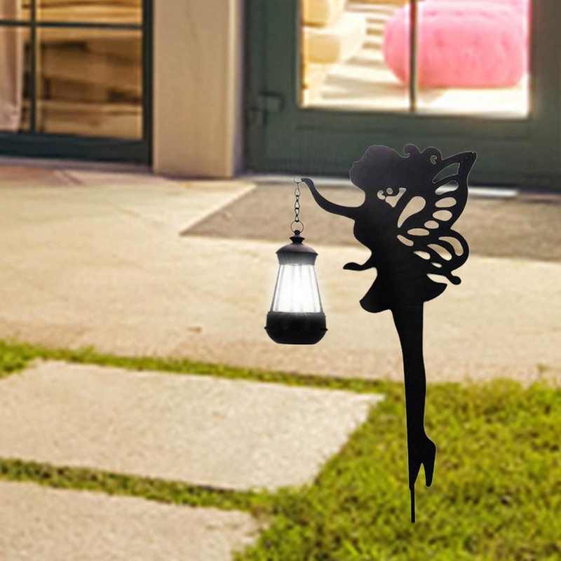 Lauko saulės šviesos fėja su žibintu Ornamentas Sodo menas Lempos apdaila Metalo skulptūra Saulės šviesos sodo dekoracijos