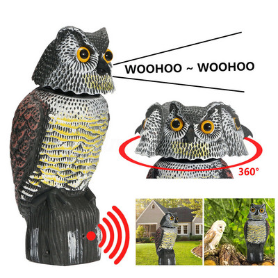 Fake Owl Decoy Plastic Owl Scarecrow Sculpture with Περιστρεφόμενη κεφαλή και ήχο για Garden Yard Bird Repellent Outdoor