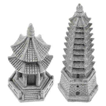 2бр. Кула със статуя на пагода Японски каменен фенер Миниатюрен фенер на пагода Градински каменни фигури Скулптура за приказен пейзаж