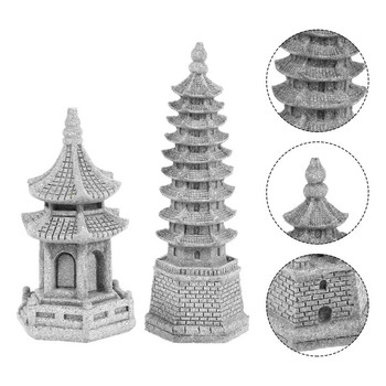 2бр. Кула със статуя на пагода Японски каменен фенер Миниатюрен фенер на пагода Градински каменни фигури Скулптура за приказен пейзаж