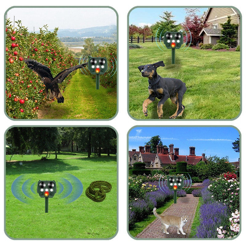 Saulės energija varomas gyvūnų kačių šunų atbaidiklis, atgrasantis baidymo priemonė, skirta lauko sodo įrankiams gąsdinti gyvūnus ultragarsu