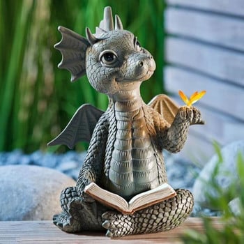 Сладък малък дракон Динозавър Медитация Книга за четене Скулптура Фигура Градина Декорация на дома Смола Орнамент Външен декор