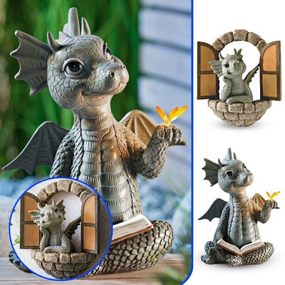 Aranyos kis sárkány dinoszaurusz meditáció olvasókönyv szobor figura kert lakberendezés gyanta dísz kültéri dekor