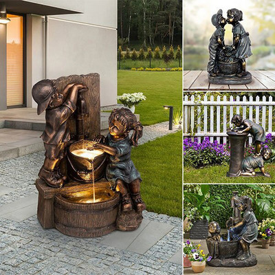 Statuie pentru fată și băiat de interior/exterior Sculptură de grădină din rășină Decorare artistică pentru curte FPing
