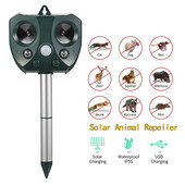 Respingător solar pentru animale, cu ultrasunete, pisici, câini, cu ultrasunete solar, cu senzor de mișcare PIR, încărcare prin USB, respingere pentru animale pentru dăunători de grădină