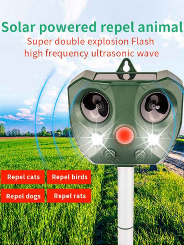 Respingător solar pentru animale, cu ultrasunete, pisici, câini, cu ultrasunete solar, cu senzor de mișcare PIR, încărcare prin USB, respingere pentru animale pentru dăunători de grădină