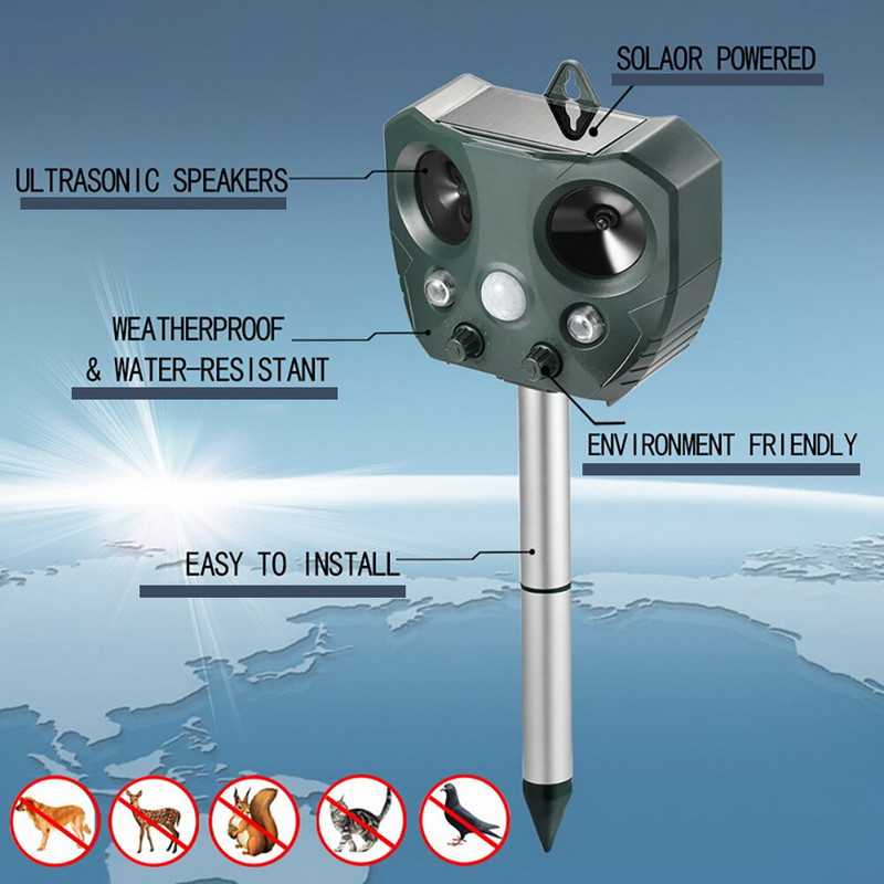 Respingător solar pentru animale, cu ultrasunete, pisici, câini, cu ultrasunete solar, cu senzor de mișcare PIR, încărcare prin USB, respingere pentru animale pentru dăunători de grădină