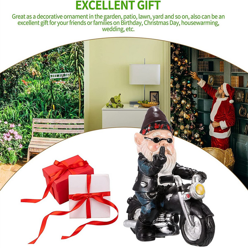 Nauja dervos nykštuko statula, važinėjanti motociklu Juokingi nykštukų papuošimai lauko kiemo vejos sodas nykštuko statulos nykštuko figūrėlės papuošalai