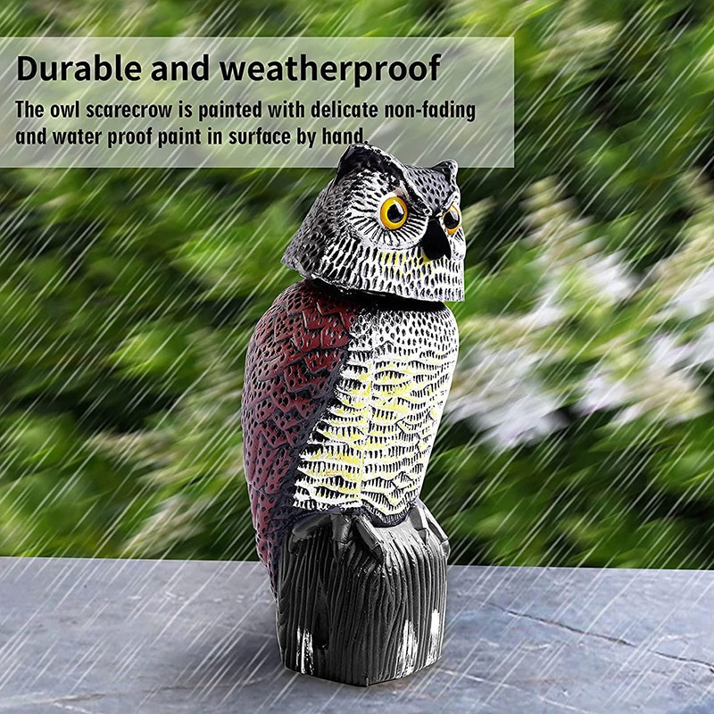 Pelėdos masalas paukščiams atbaidyti Plastikinė pelėdos kaliausė su besisukančia galva ir garsu lauko sodo vejos kiemo paukščių repelentas