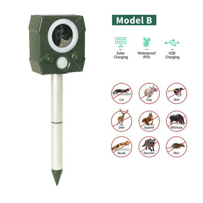 Madárriasztó macskák kutyák rágcsálók szoláris ultrahangja PIR mozgásérzékelővel USB töltőállatriasztó kerti kártevőirtáshoz