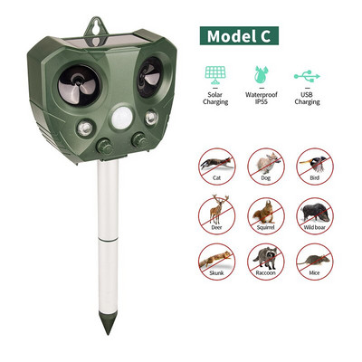 Madárriasztó macskák kutyák rágcsálók szoláris ultrahangja PIR mozgásérzékelővel USB töltőállatriasztó kerti kártevőirtáshoz