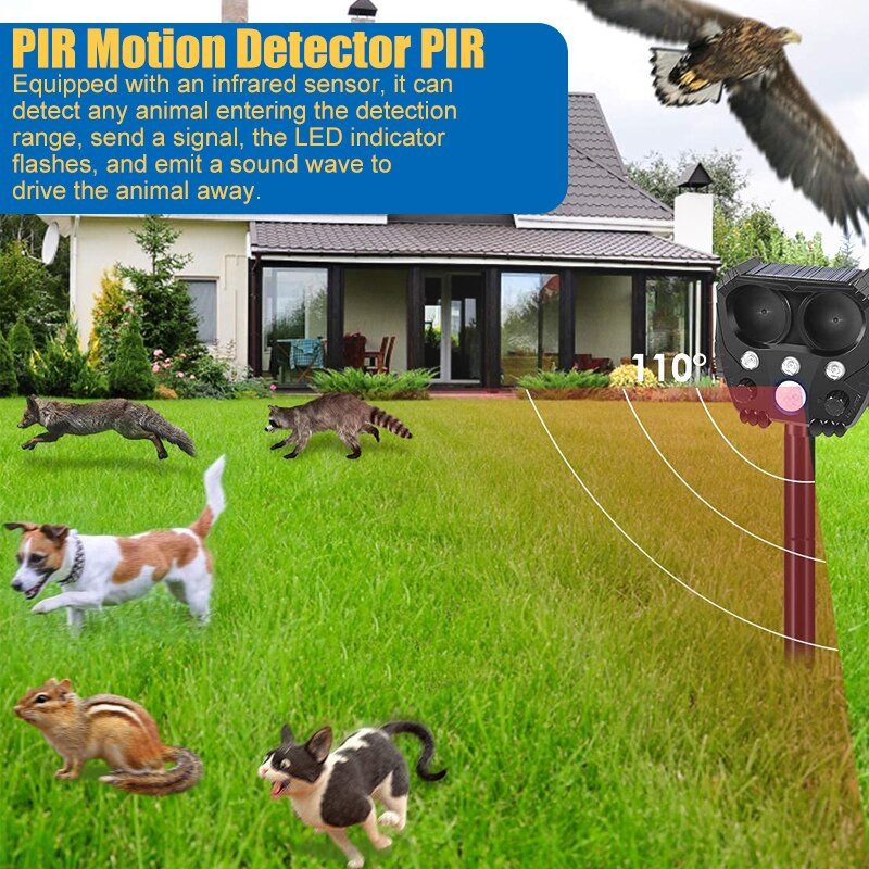 Ultragarsinis kačių repeleris nuo saulės kačių atbaidymo paukščius atbaidantis kačių šunų atbaidiklis su judesio jutikliu, mirksinčiomis šviesomis lauke