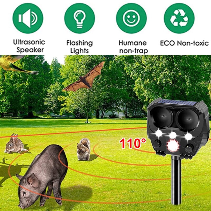Ultragarsinis kačių repeleris nuo saulės kačių atbaidymo paukščius atbaidantis kačių šunų atbaidiklis su judesio jutikliu, mirksinčiomis šviesomis lauke