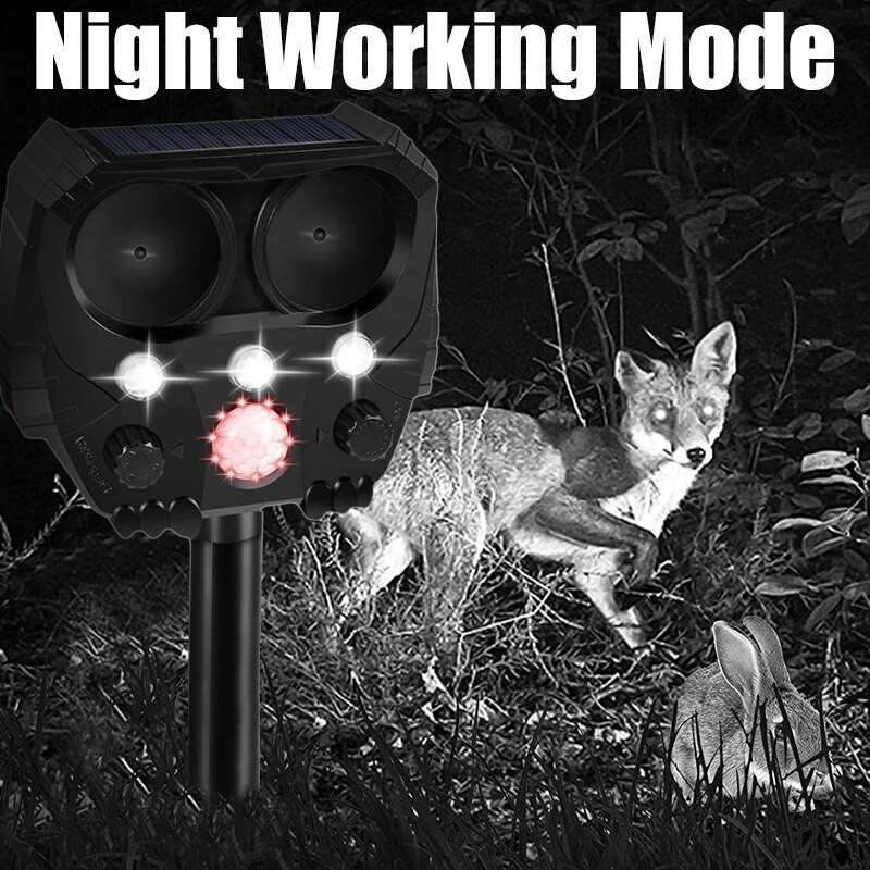 Ultragarsinis kačių repeleris nuo saulės kačių atbaidymo paukščius atbaidantis kačių šunų atbaidiklis su judesio jutikliu, mirksinčiomis šviesomis lauke