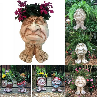 „Muggly`s The Face“ statulos sėjamoji, derva, figūrėlė, vazonas Juokingas veido menas, skulptūra, vazonas su nutekėjimo anga sodo puošmena