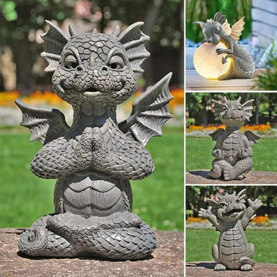 Sodo statula Drakono meditacija Statula Led apšvietimo dervos ornamentas Dinozauro formos skulptūra Lauko kiemo apdaila Namų dekoras