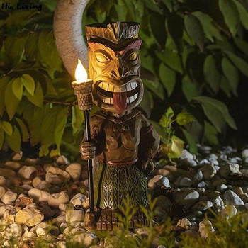 Tiki Guard Statue Слънчево захранван външен домашен декор Нов Led градинска декорация Занаяти Градинарска скулптура Лампа за морава за двор