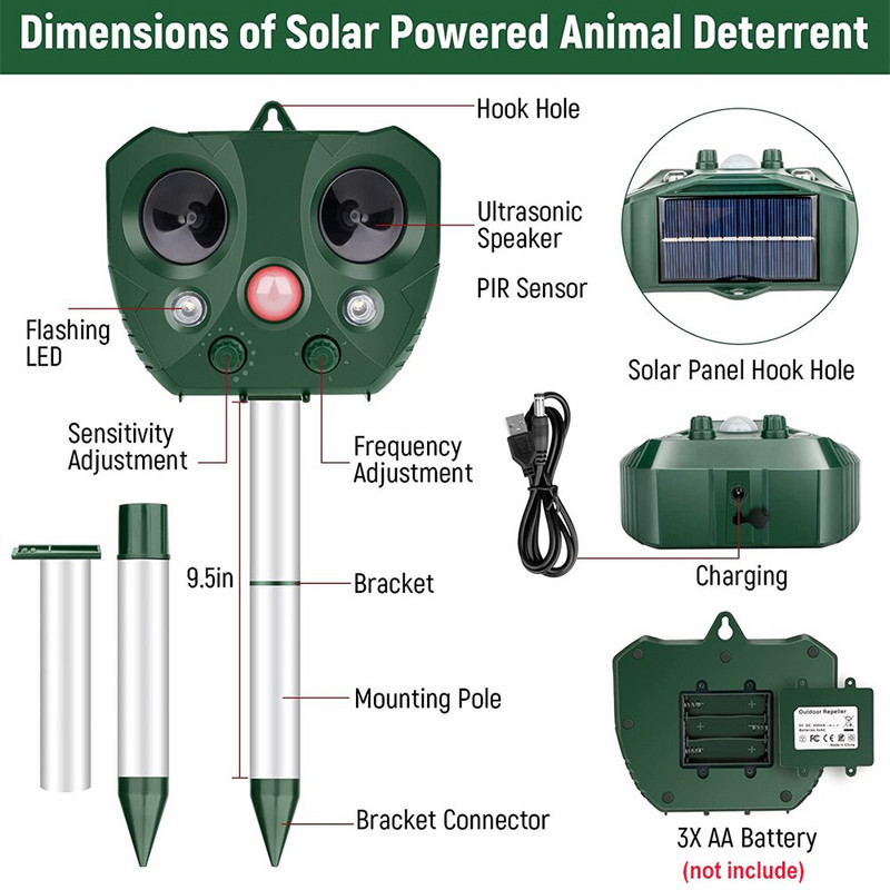 PIR judesio jutiklis Saulės gyvūnų repelentas Ultragarsinis atbaidantis atbaidymo priemonė lauko sodo šunų kačių paukščių pelių gaudymo įtaisai