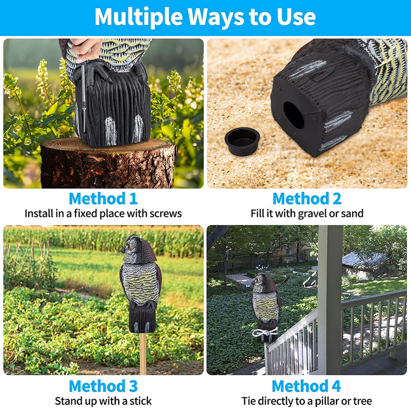 Pöörleva peaga realistlik linnupeletus plastikust öökull-hernehirmutis aiaõue linnutõrjeks välistingimustes kasutatavaks kahjuritõrjeks