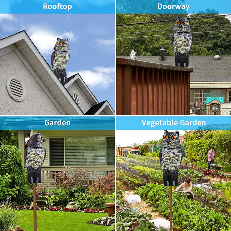Pöörleva peaga realistlik linnupeletus plastikust öökull-hernehirmutis aiaõue linnutõrjeks välistingimustes kasutatavaks kahjuritõrjeks