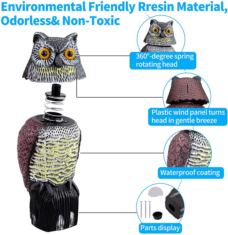 Pöörleva peaga realistlik linnupeletus plastikust öökull-hernehirmutis aiaõue linnutõrjeks välistingimustes kasutatavaks kahjuritõrjeks