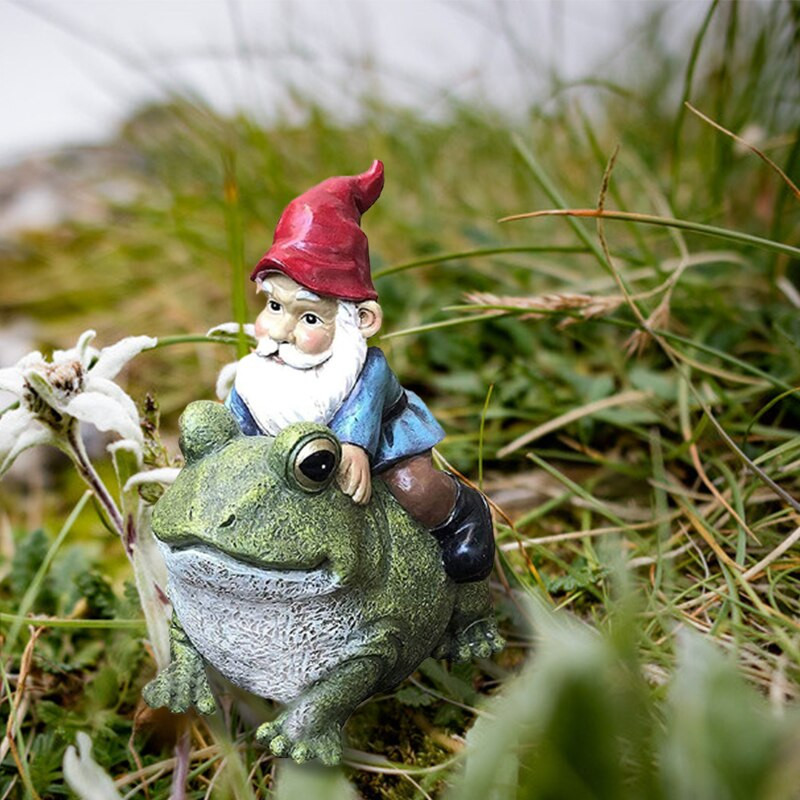 Nykštukas, sėdintis ant varlės statulos, dervos sodo figūrėlės lauko dekoravimui. Ypatingai miela skulptūra 10x5x15cm D1