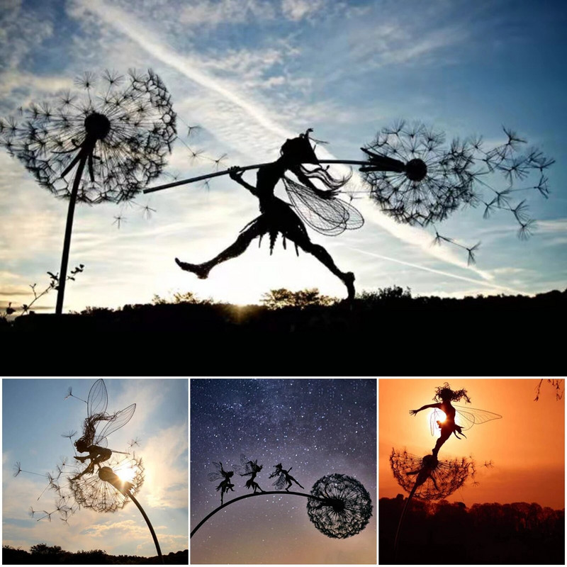 Dekoratyvinės sodo fėjos ir kiaulpienės šoka kartu Metalinis sodo kiemas Art Decor Vejos skulptūros dekoras Dropshipping